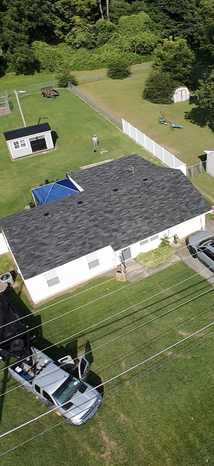 Completed residential shingle roof aerial view